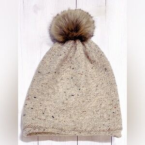 Madewell Beanie Faux Fur Pom Pom Ashen Sand Slouchy Rolled Edge J.Crew NWOT